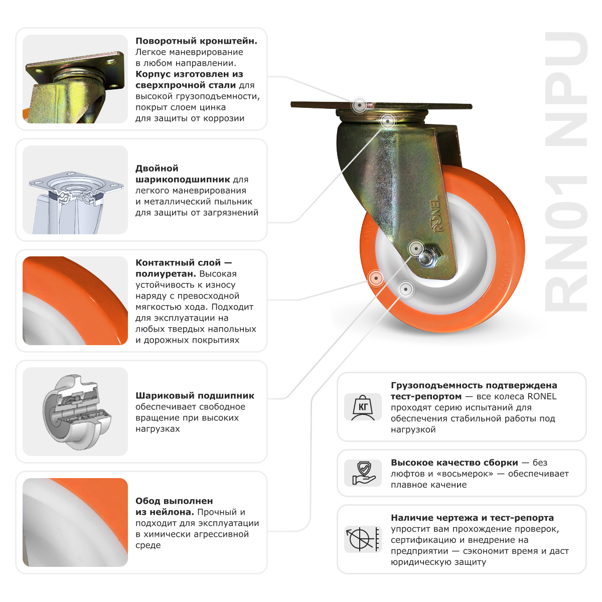 Колесо большегрузное полиуретановое RONEL RN01 NPU 200